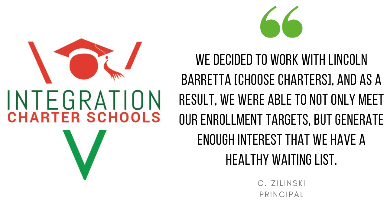 "We decided to work with Choose Charters and, as a result, we were able to not only meet our enrollment targets but generate enough interest that we have a healthy waiting list." - C. Zilinski, Principal, Integration Charter Schools